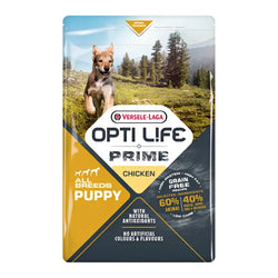 Verselaga opti life prime puppy kana kana ruokapussi keltainen ja tummanharmaa, juokseva pentu metsässä