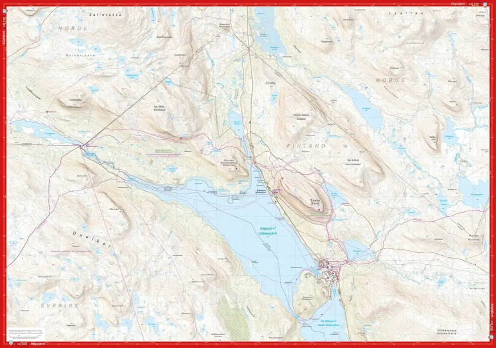 Yksityiskohtainen pält sa treriksröset kilpisjärvi topografinen kartta itämeren alueesta punaisella kehyksellä ja maamerkinnöillä