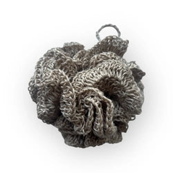 Gray textured crochet bath sponge pesukukka pellava with looped handle made of linen for gentle washing