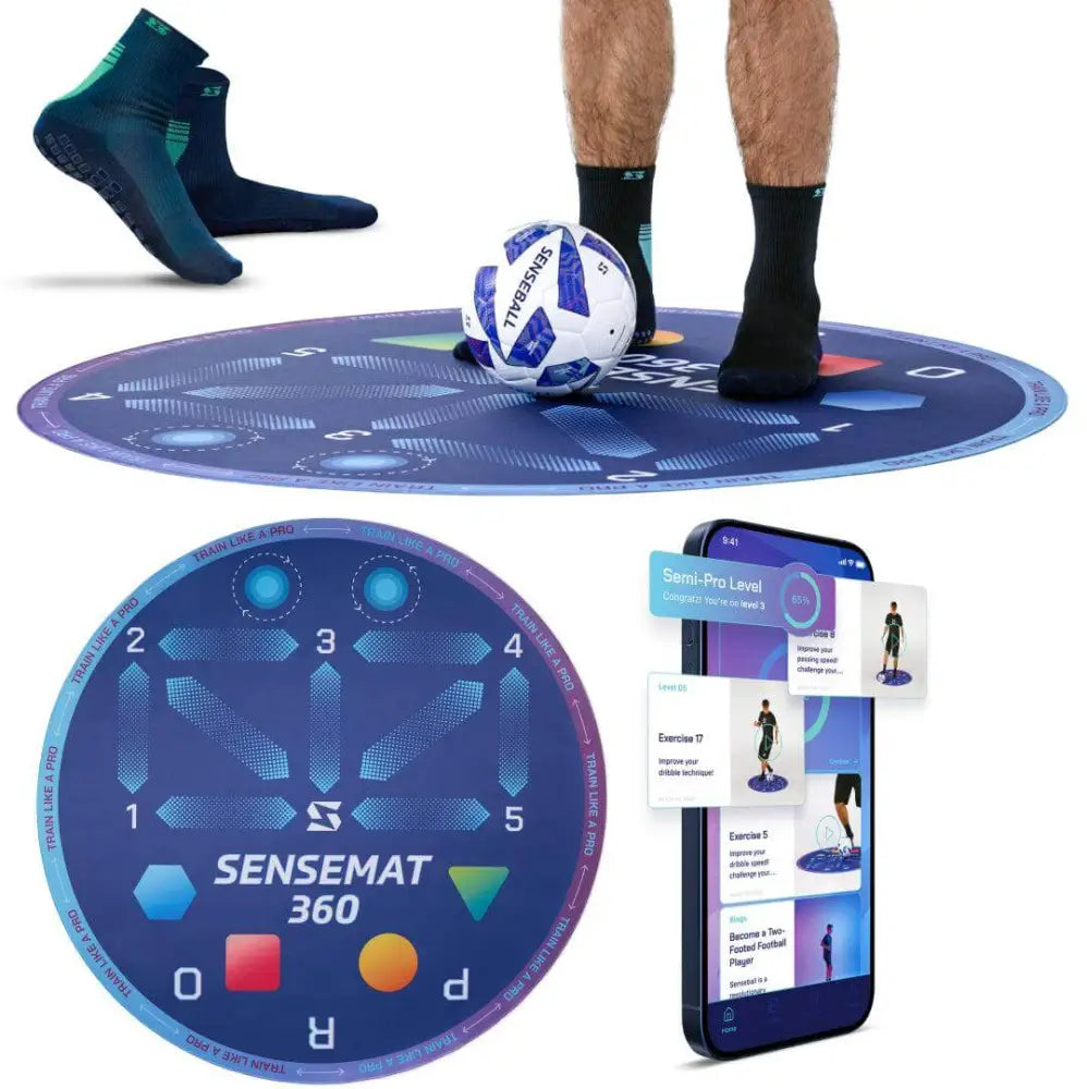 Pro-level cognitive and footwork football training mat sensemat 360 in blue with numbered zones and colored markers