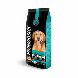 A 15kg bag of probooster adult light and senior chicken dog food with black and teal packaging featuring a golden retriever