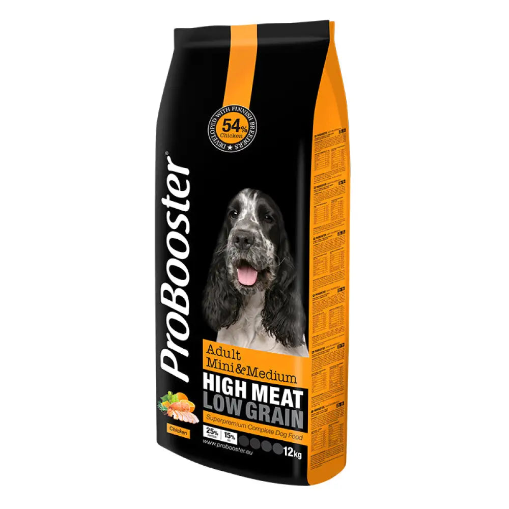 Black and orange probooster adult mini & medium 12kg high meat low grain dog food bag with english springer spaniel image