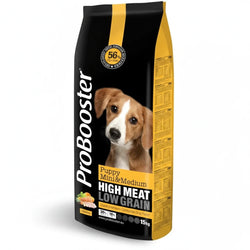 Black and yellow probooster puppy mini & medium chicken dog food bag with brown and white puppy image