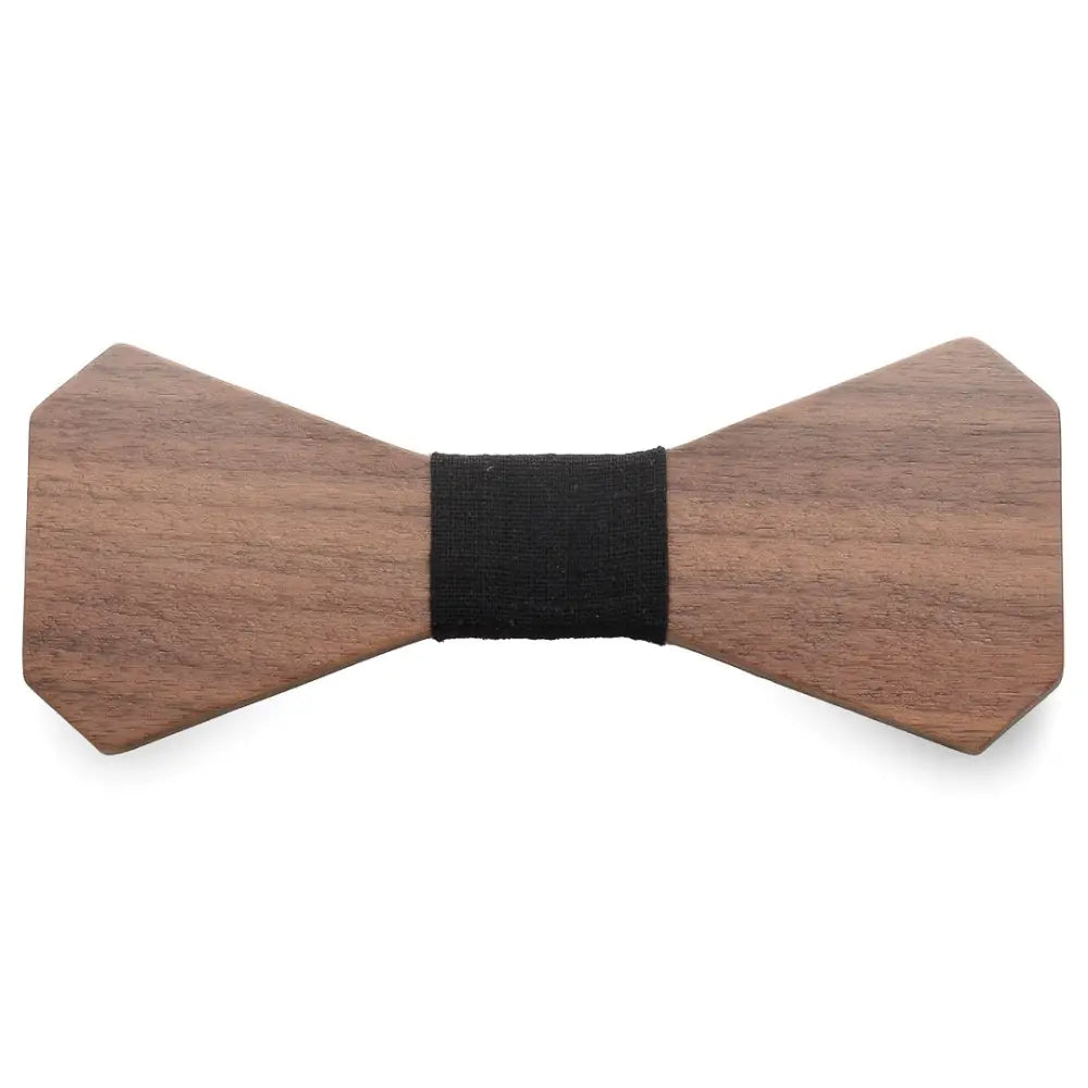 A sleek dark brown wooden bow tie puurusetti pähkinäpuu with a black elastic band
