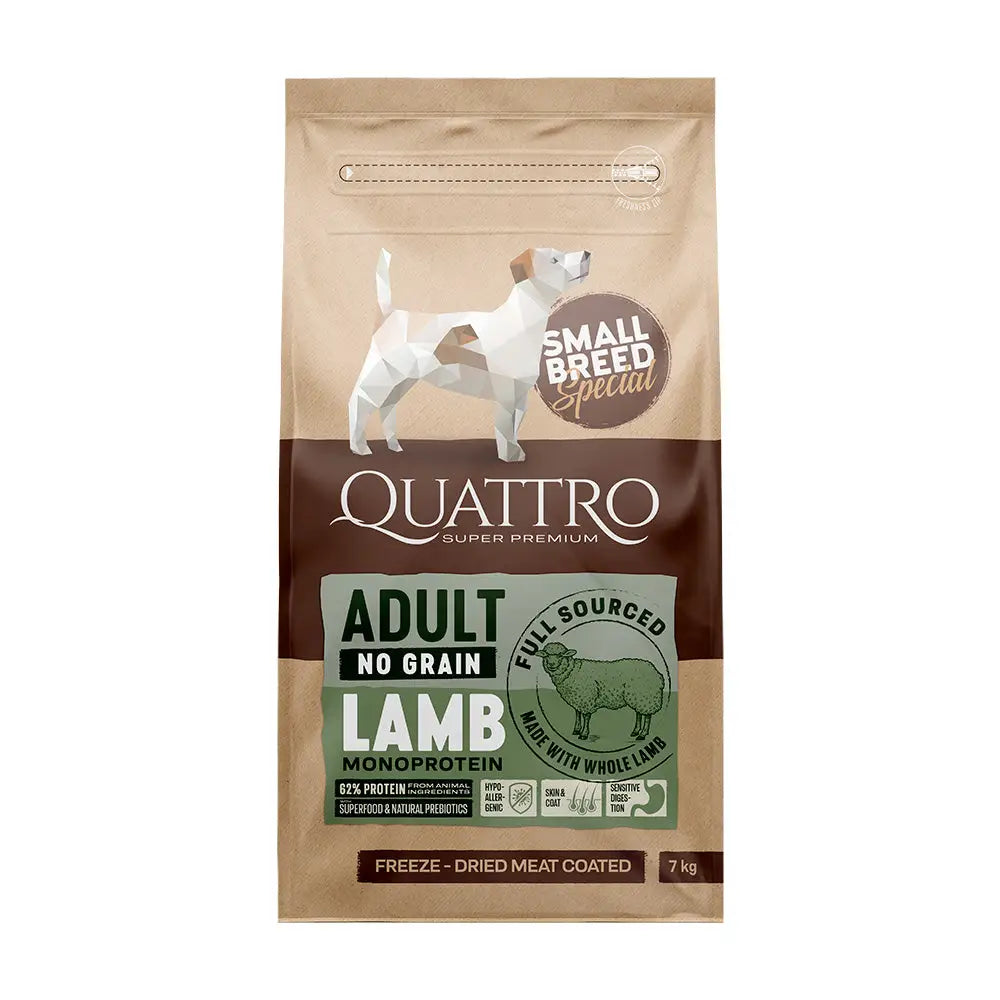 Quattro dog small breed adult with lamb - 7kg - koiranruoka viljaton mono protein koirille retkeilyvarusteet