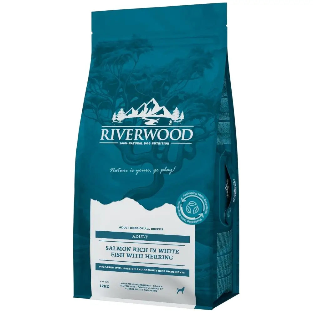 Teal riverwood adult lohi 12 kg koiranruoka, runsas lohi, vaalea kala ja silli, vuori- ja metsäkuvioinnit