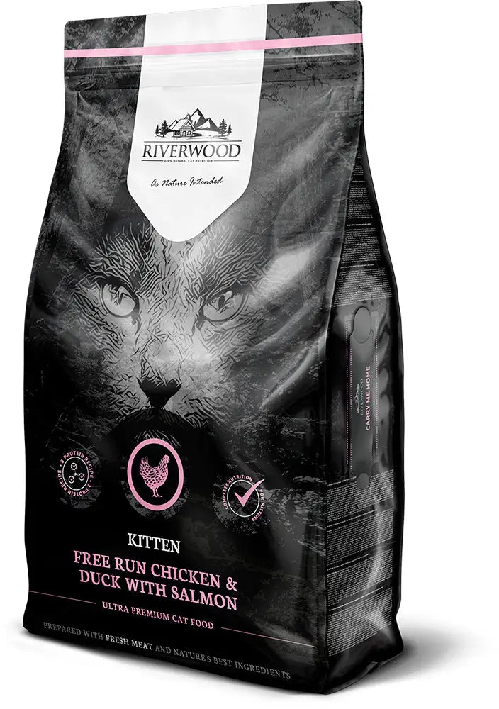 Riverwood cat kitten kana ankka ja lohi 6kg musta ja pinkki ultra premium kissanruoka vapaina kasvatettu kana ankan ja lohen kera