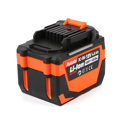 Black and orange robota dc-b6 18v 6ah li-ion akkupaketti teksturoidulla kahvalla etupuoli