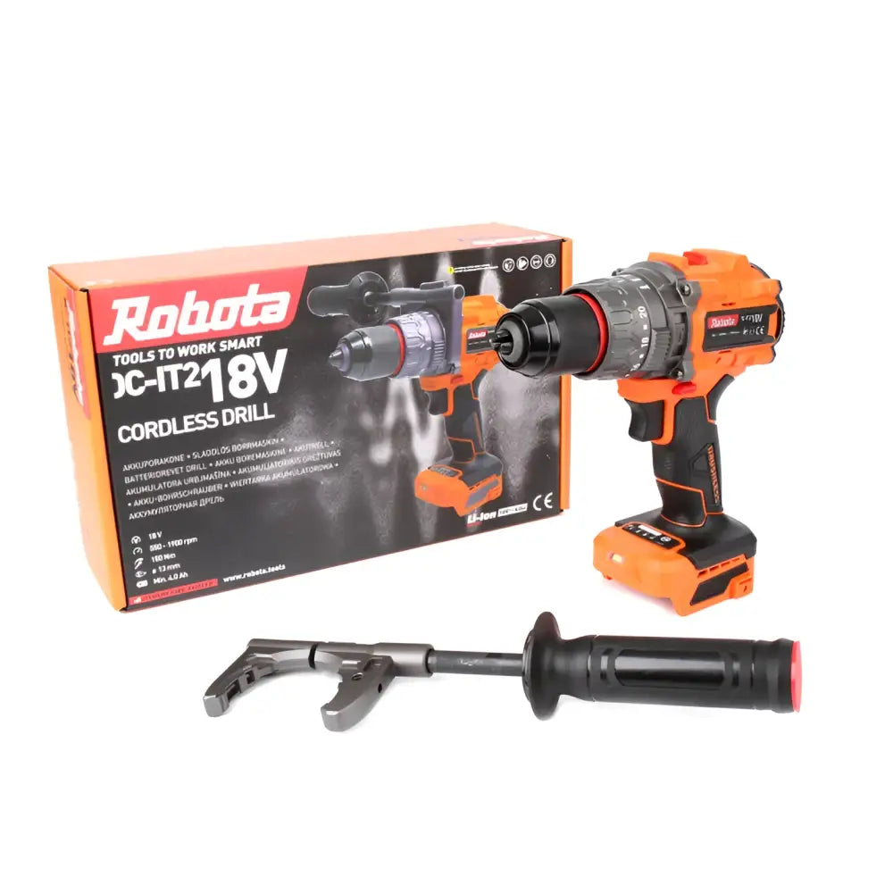Robota dc-it218v akkuporakone kahvalla oranssi musta teksturoitu kahva ja robota logo sivulla