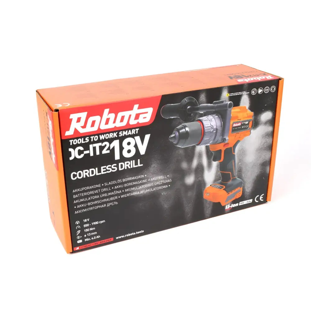 Oranssi ja musta robota dc-it218v akkuporakone kahvalla retail-pakkauksessa näkyvissä