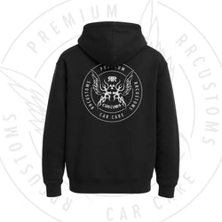 Musta RRCustoms huppari etupuolella valkoinen pyöreä siipigrafiikka ja tekstiä