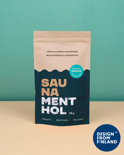 A sleek resealable pouch of sauna menthol original in navy blue and beige with bold white and tan lettering