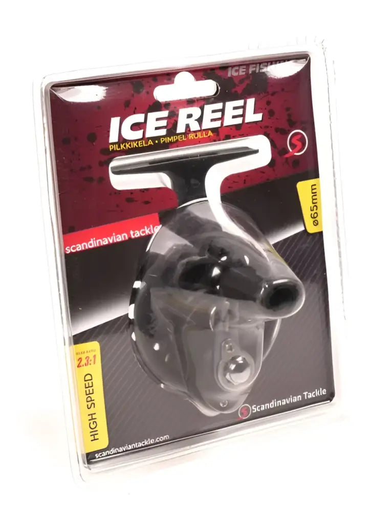 Black ice fishing reel scandinavian tackle 65mm bsg pilkkikela in clear plastic packaging with wildpoint outdoors branding