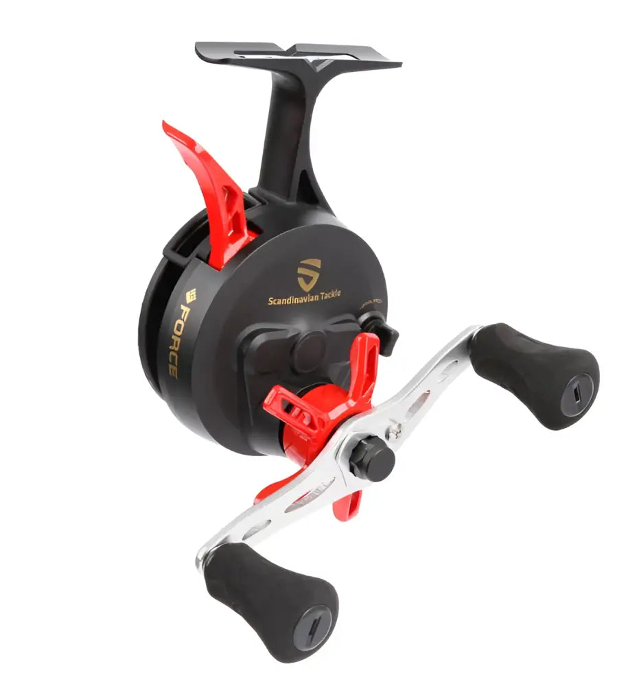 Scandinavian tackle force free fall 60mm pilkkikela oikea spinning-kela musta ja punainen hopeisella kahvalla ergonomisilla otteilla