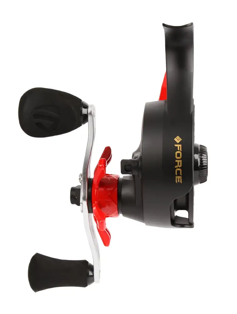Scandinavian tackle force free fall 60mm pilkkikela oikea musta ja punainen baitcasting kelalla teksturoidulla kahvalla ja metallikiekoilla
