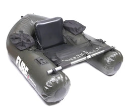 Olive green inflatable fishing boat with black padded seat and storage bags scandinavian tackle fube kelluntarengas