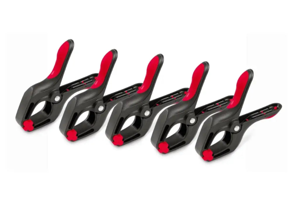 Set of five black and red plastic clamps with ergonomic handles for woodworking 115mm by scandinavian tackle