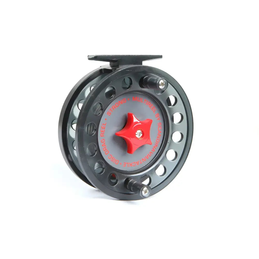 Black fly fishing reel multikela 100mm with red star-shaped handle and silver accents for scandinavian tackle use