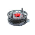 Black fly fishing reel scandinavian tackle multikela 100mm with a red star-shaped handle and silver spool knobs