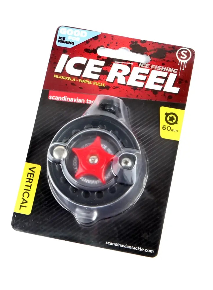 Black ice fishing reel pilkkikela 60mm vaaka with red star-shaped handle and clear casing in wildpoint outdoors blister pack