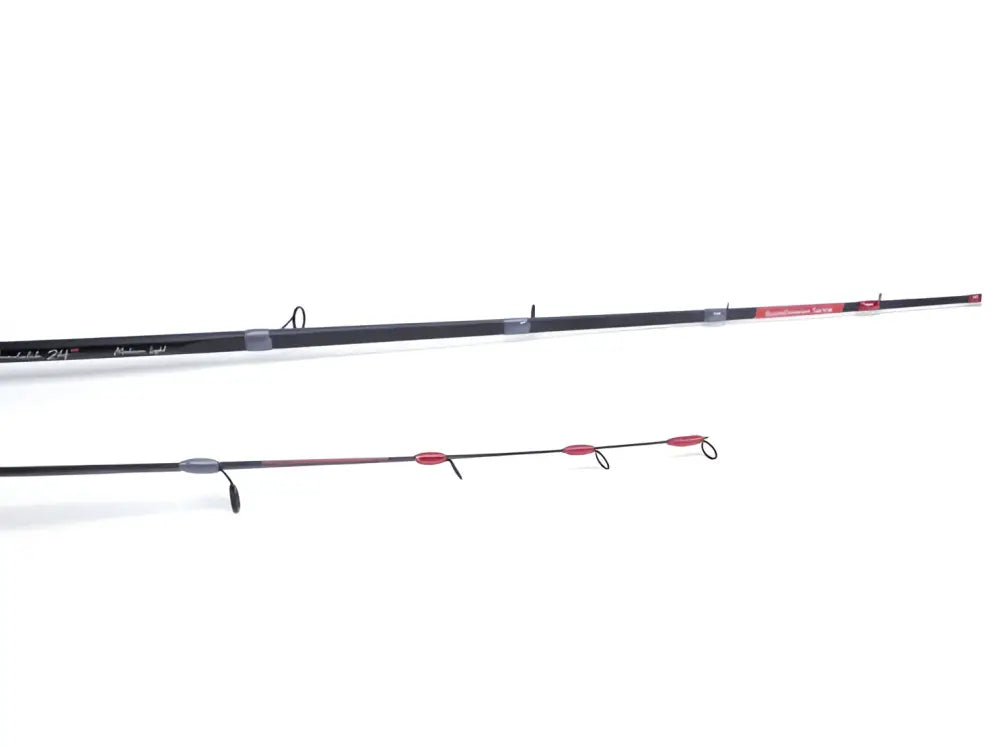 Scandinavian tackle quadstik 20 combo musta kalastussalpa punaisilla yksityiskohdilla ja harmailla kahvoilla