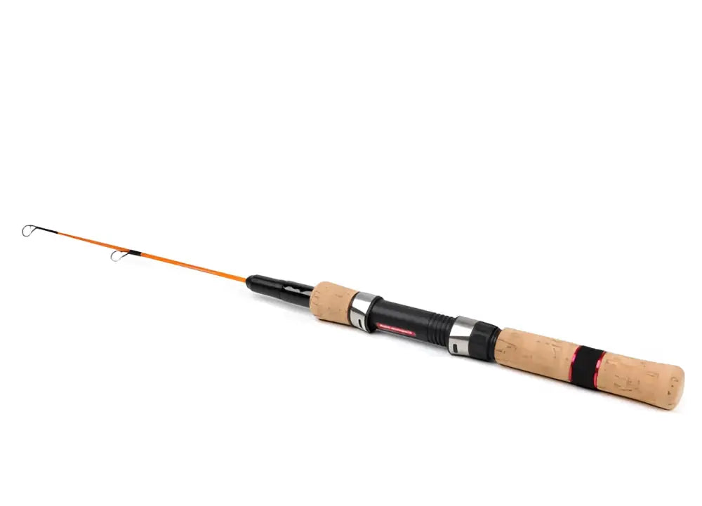 A sleek Scandinavian Tackle Torgue Spin pilkkivapa with black and tan cork handle and silver metallic accents