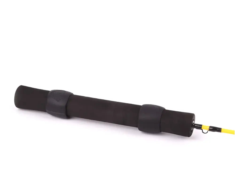 Black foam fishing rod grip with two textured black plastic bands and yellow tip for scandinavian tackle yellow devil pilkkivapa
