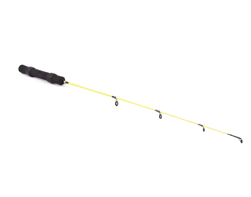 Keltainen scandinavian tackle yellow devil pilkkivapa mustalla kahvalla ja kolmella mustalla kolmipiikkihaavalla