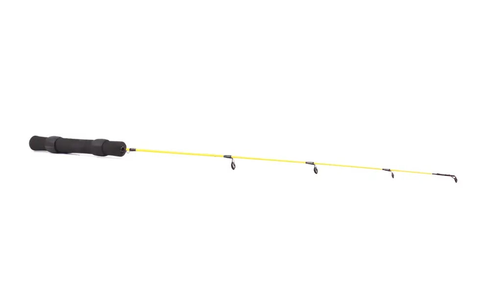 Scandinavian tackle yellow devil pilkkivapa keltainen kalastuskoukku mustalla kahvalla ja hopeisilla ohjaimilla