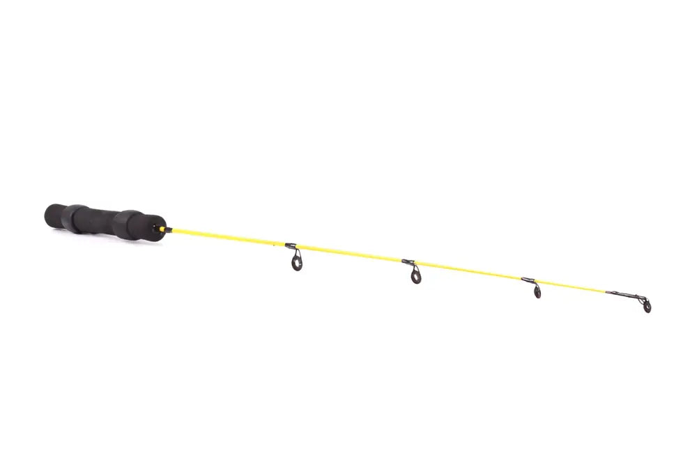 Keltainen scandinavian tackle yellow devil pilkkivapa mustalla pintakuvioidulla kahvalla ja kolmella mustalla kolminastalla