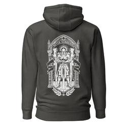 Musta sentinel huppari jossa valkoinen ritarin grafiikka linnatorneja vasten ja teksti never surrender yläpuolella