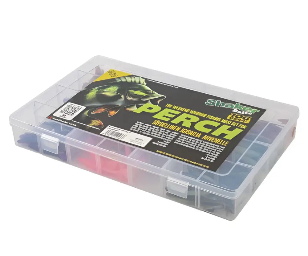 Selkeä muovinen viehelaatikko mustavihreällä shaker bait perch -etiketillä Wildpoint Outdoorsilta Shaker Baits Maxi 106 -sarjassa
