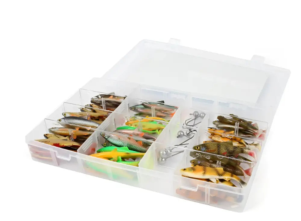 Selkeä muovinen viehelaatikko useilla lokeroilla sisältäen värikkäitä shaker baits maxi mad roach jigisarjan vieheitä ja koukkuja 106 osaa