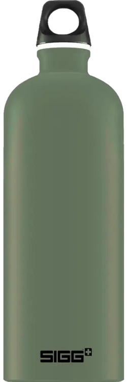 Olive green sigg traveller leaf green 1,0 l stainless steel water bottle with black screw-on cap and white accent ring
