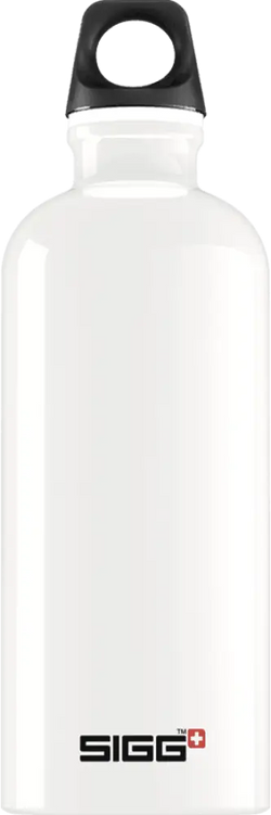 Sigg traveller white 0,6 l valkoinen juomapullo mustalla ruuvikorkilla ja logolla pohjassa