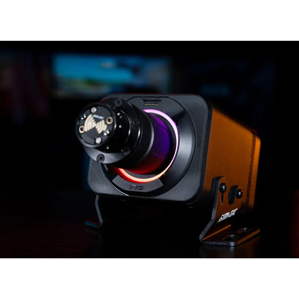 Black and orange simagic alpha evo pro wheelbase 18nm with glowing purple and red ring around the lens