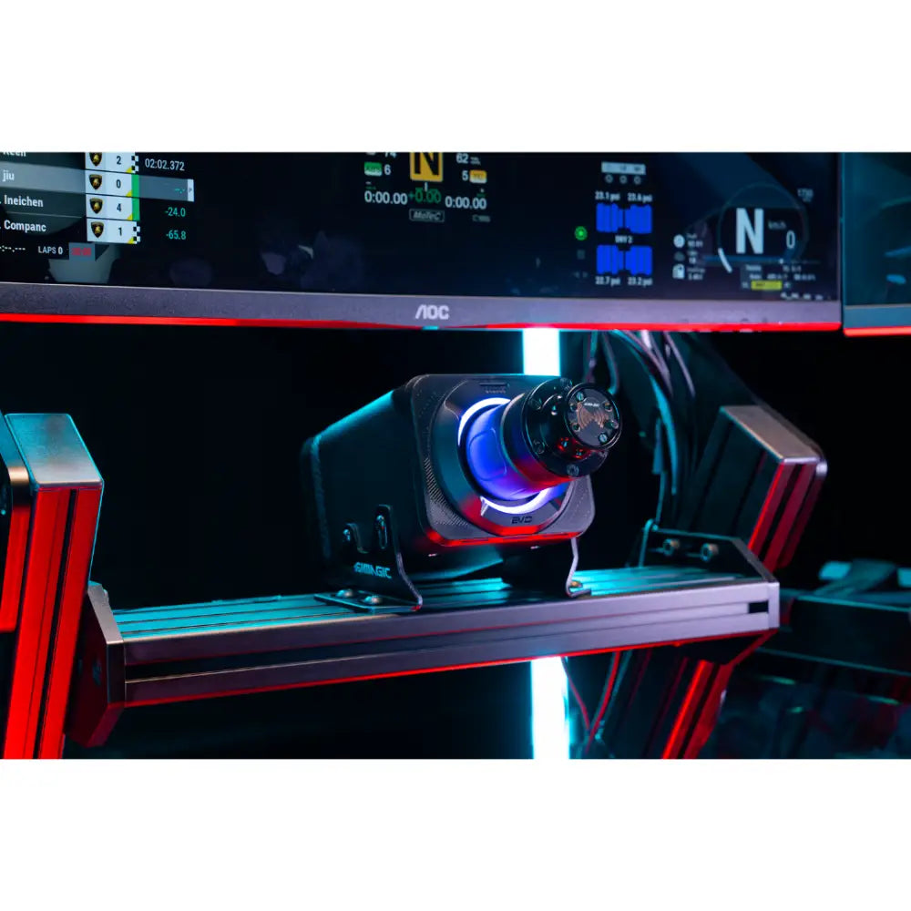 Black and red simagic alpha evo pro gaming steering wheel with blue illuminated center ring and 18nm force feedback