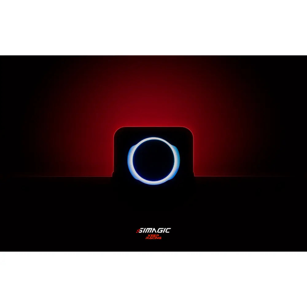 Black rectangular simagic alpha evo pro wheelbase with glowing blue circular light ring on its front face