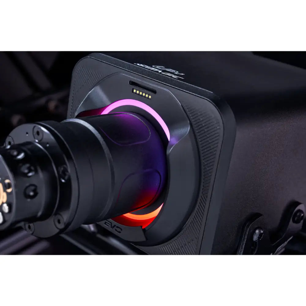 Black matte-finished camera lens mount with purple and red led rings on the back of simagic alpha evo pro wheelbase 18nm