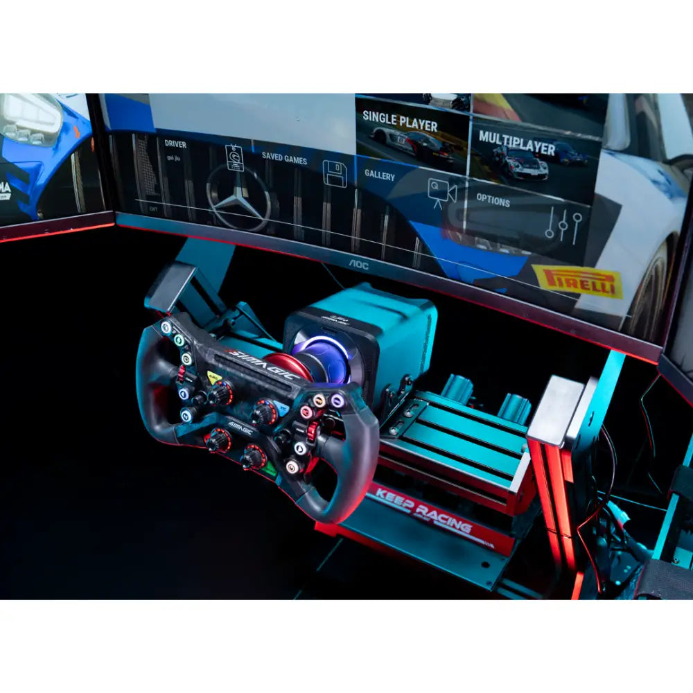 Simagic alpha evo pro wheelbase 18nm musta ja punainen kilpa-ajon ohjauspyörä monilla painikkeilla ja näytöllä