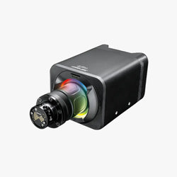 Black rectangular simagic alpha evo sport wheelbase 9nm with rainbow-colored lens and metallic accents in camera design