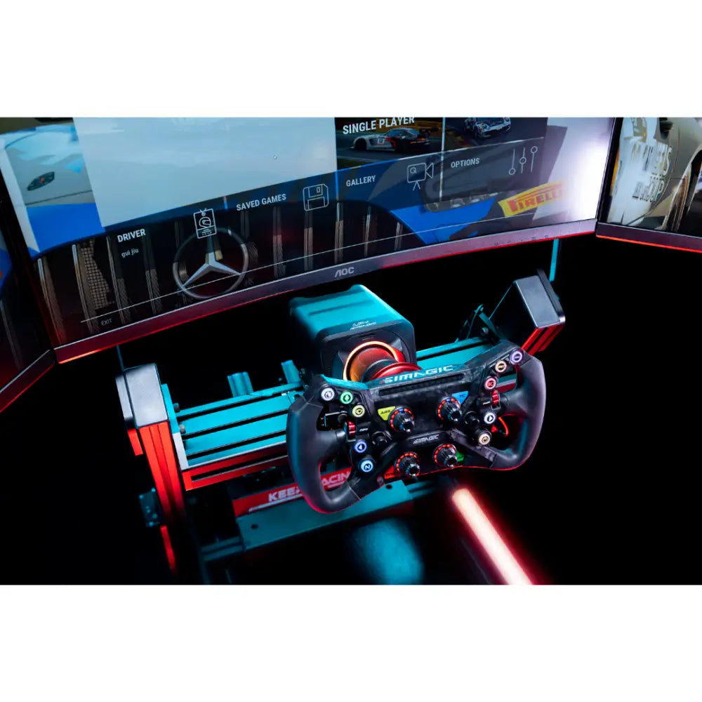 Black simagic alpha evo wheelbase 12nm racing wheel with colorful illuminated buttons and a red-accented display