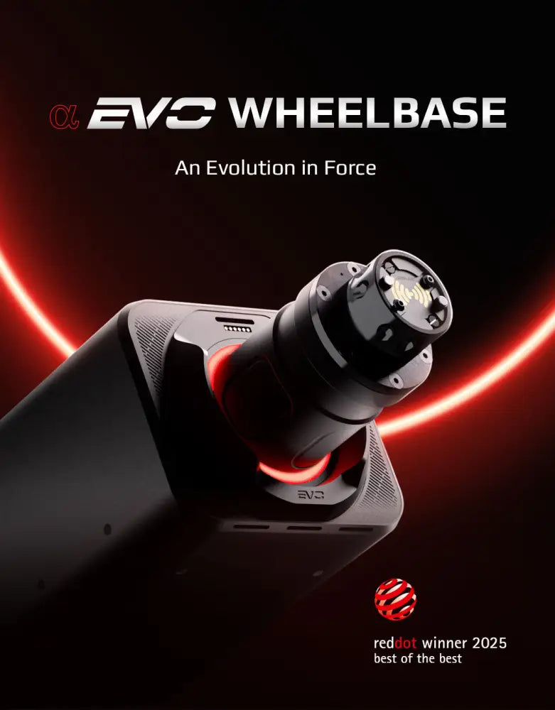 Simagic alpha evo wheelbase 12nm musta evc-laitekappale punaisilla hehkuvilla korostuksilla ja kulmikkaalla muotoilulla
