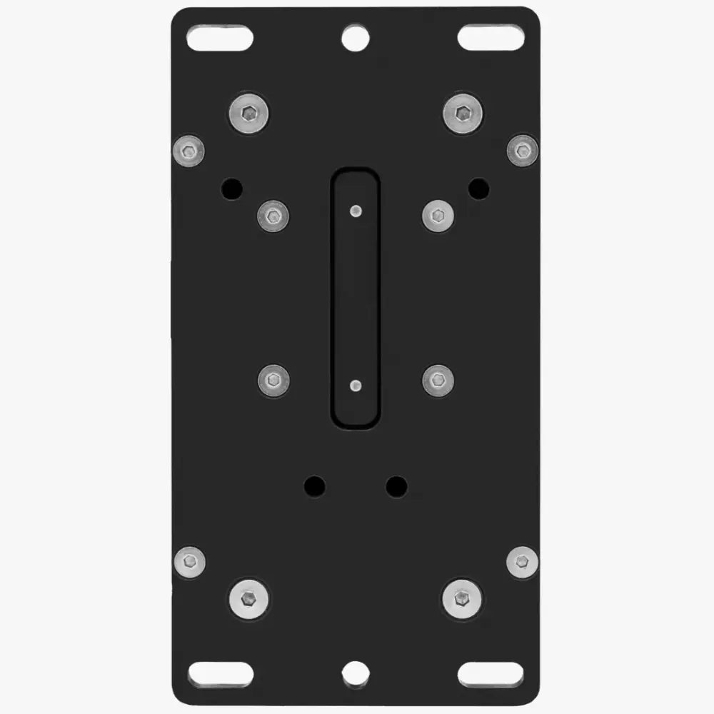 Black rectangular mounting plate with silver screws and central slot on the back side of the Simagic DS-8X H pattern shifter