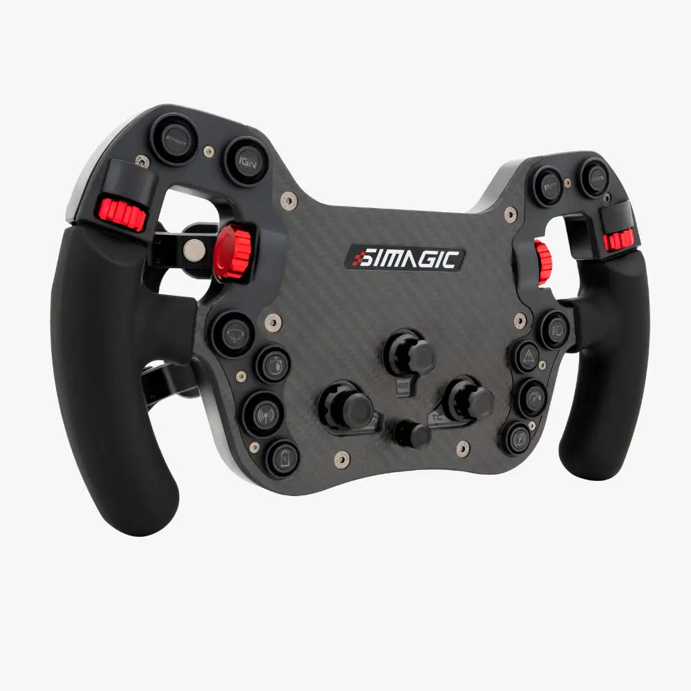 Black carbon fiber simagic fx-c formula racing steering wheel with red accents and multiple control buttons