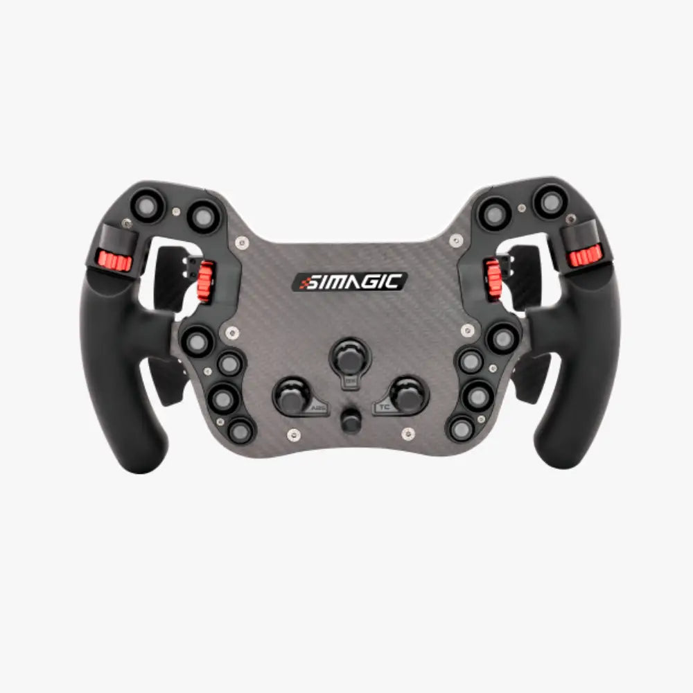 Simagic fx-c formula -ratti black and red carbon fiber -tekstuurilla ja monilla ohjauspainikkeilla kilpa-ajoon