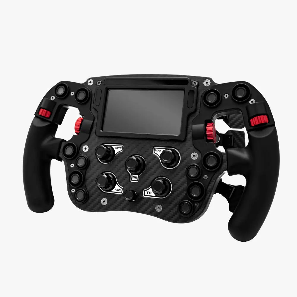 Simagic FX Pro Formula mustan hiilikuituratinan punaisilla painikkeilla ja keskitason kosketusnäytöllä
