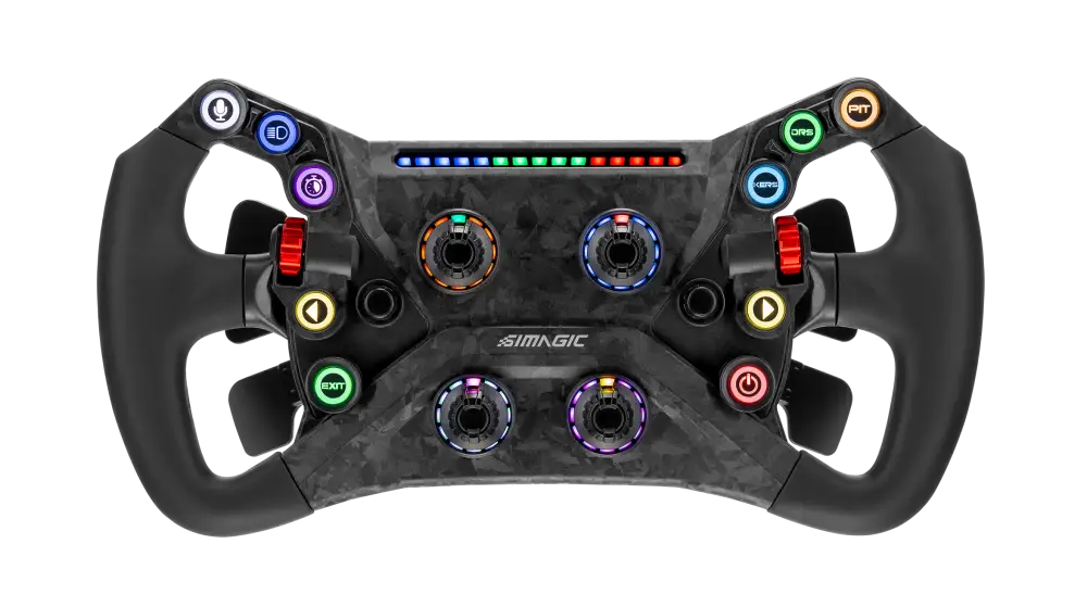 Black simagic gt neo racing steering wheel with colorful illuminated buttons and customizable rgb lighting