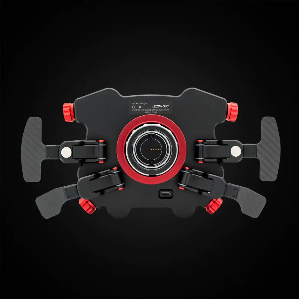 Simagic gt pro d-shaped steering wheel k leather with black and red camera grip and carbon fiber accents