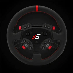 Simagic GT Pro rounded leather steering wheel in black with red stitching and illuminated buttons featuring central logo